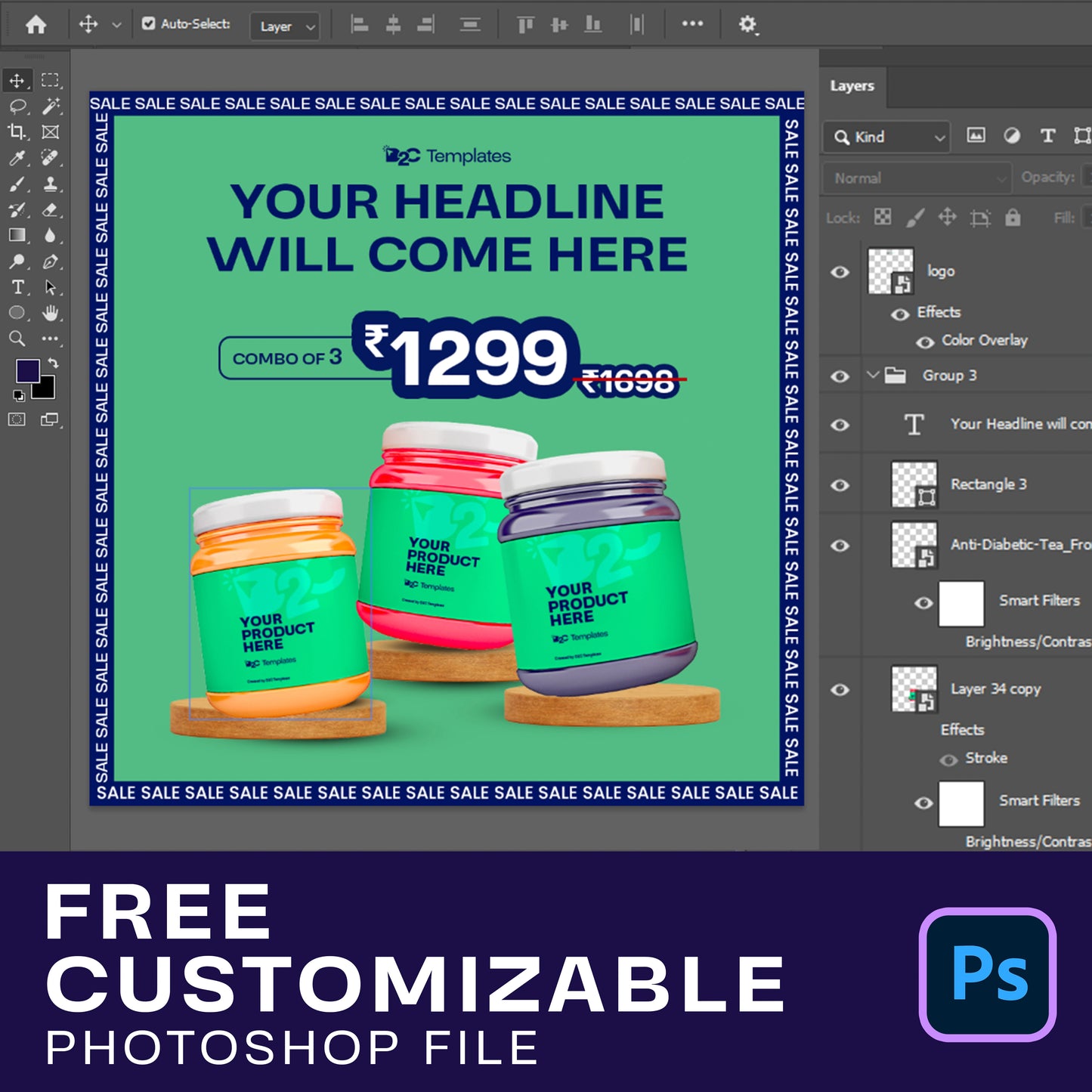 Static Ad Creative for Showcasing a Combo of Three Products AND OFFER PRICE | CANVA Template